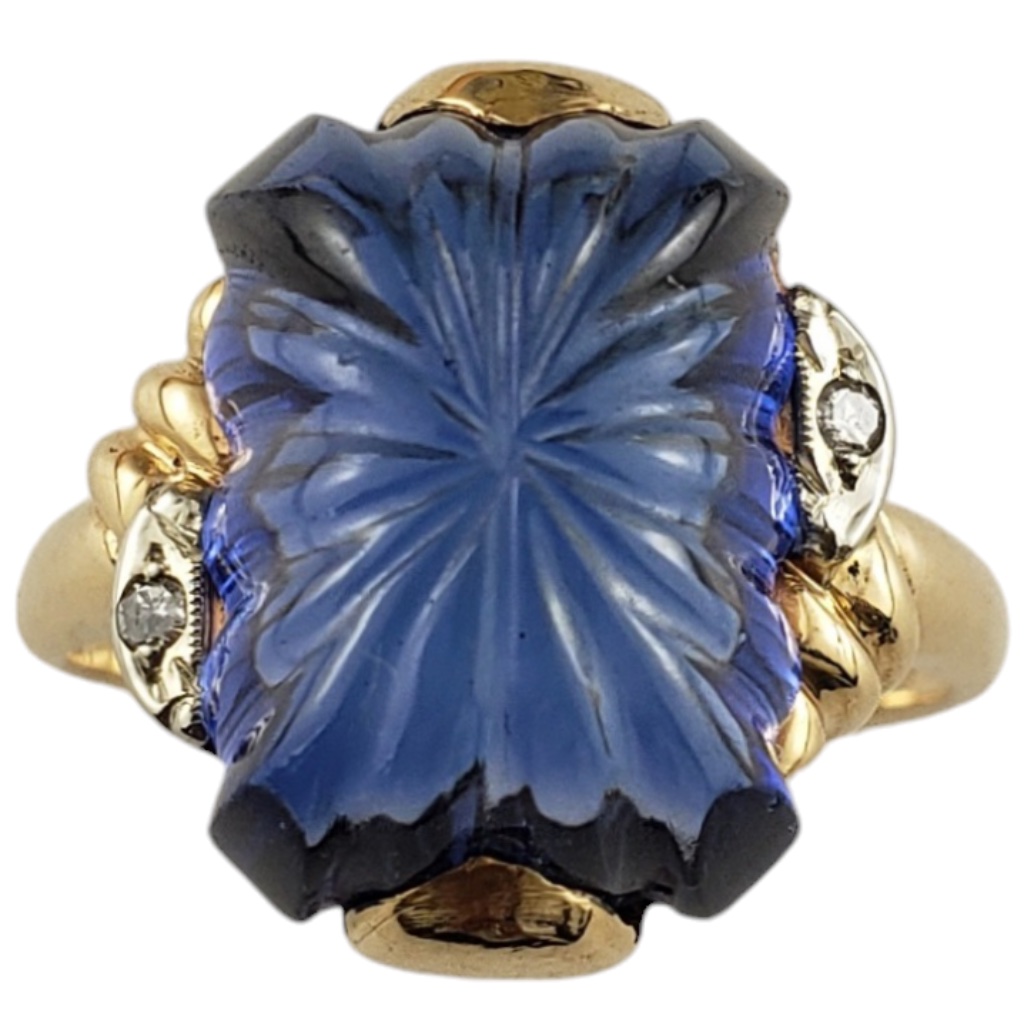 Vintage 14 Karat Yellow Gold Blue Glass And Diamond Ring Size 65 18794 776$